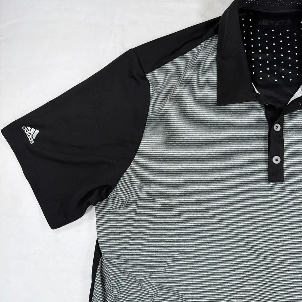 Adidas Climachill Golf Polo Mens XL Black Gray Striped Sherwood Country Club